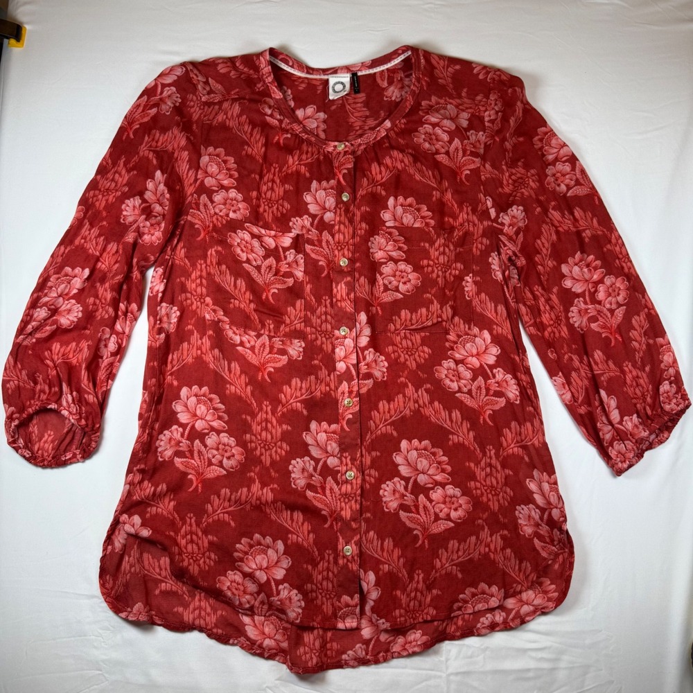 Anthropologie Floral Button Down Tunic Blouse Red Large‎